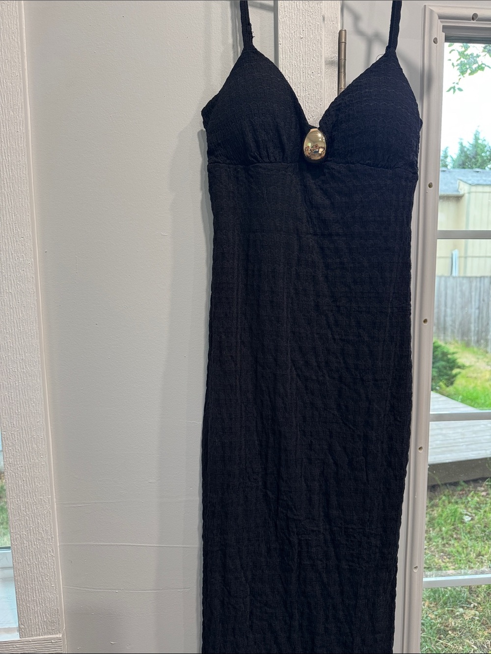 Black Maxi Dress with Gold Accent Spaghetti Straps